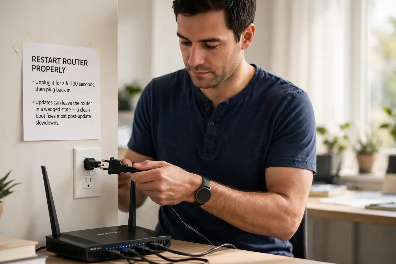 A person performing the first step of the guide: Restart the router properly.