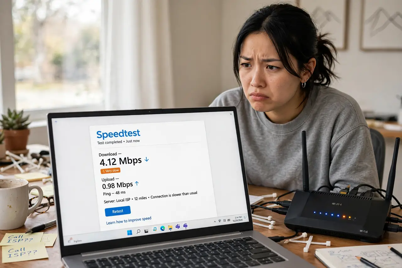 a person at a real desk looking at a router with blinking lights, a laptop beside it showing a legible slow speed test, the person's face annoyed, home office.
