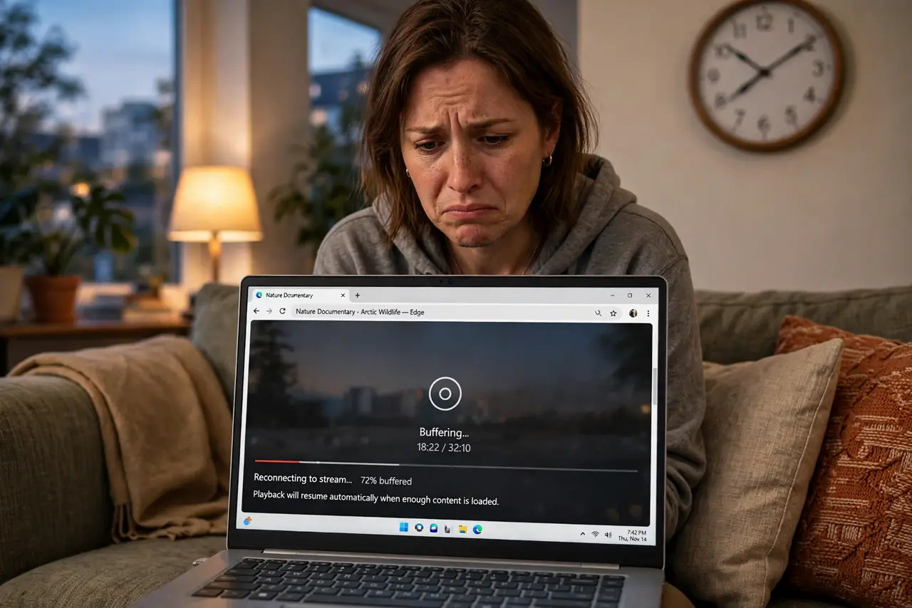 a person on a couch in the evening with a laptop showing a buffering video, the screen legible, a clock showing evening time nearby, the person's face annoyed, warm lamp light.
