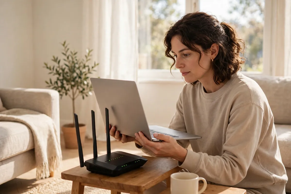 A person testing a laptop right next to a black Wi-Fi router on a wooden table in a bright living room.