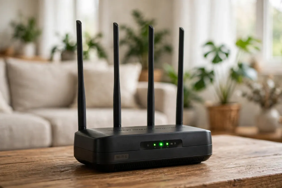 A black Wi-Fi router with four antennas on a wooden table in a bright living room.