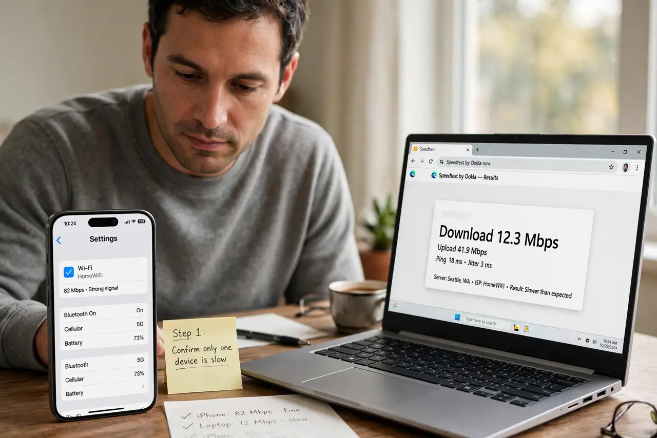 Person performing step 1: Confirm only one device is slow. Test a second device in the exact same spot, loading the same page. If the second device is fast, the...