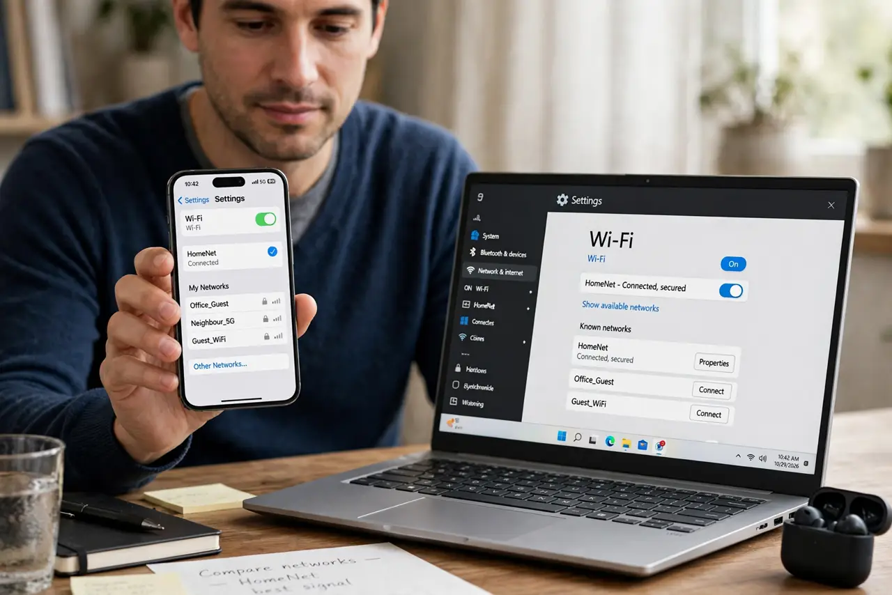 Photorealistic photo: A calm adult holding a real phone beside a real laptop on a desk, the real Wi-Fi settings screen visible complete and legible on the phone, the person comparing calmly.
