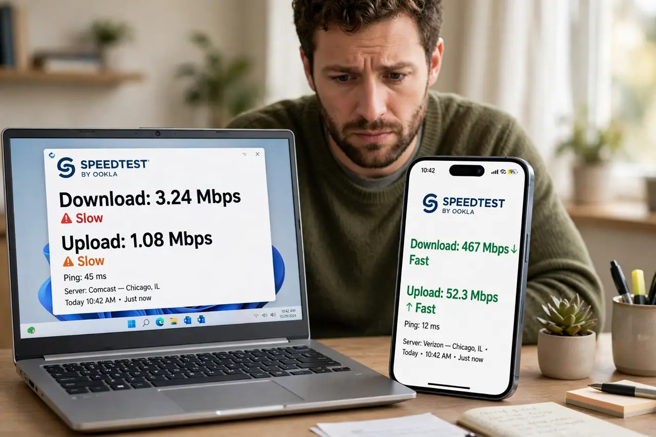 a person at a real desk with a laptop showing a slow speed test and a phone beside it showing a fast one, both screens legible, the person's face puzzled, home office.