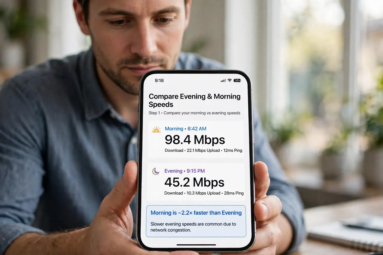 Person performing step 1: Compare evening and morning speeds. Run a speed test in the morning and again in the evening, on the same device in the same spot. A big...