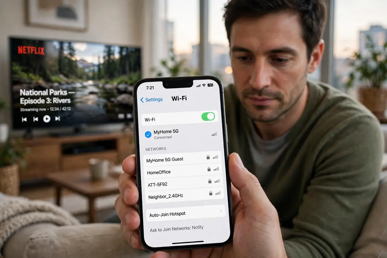 Photorealistic photo: A calm adult in a living room in the evening holding a real phone, the real Wi-Fi settings screen visible complete and legible, a TV streaming in the background, the person checking calmly.