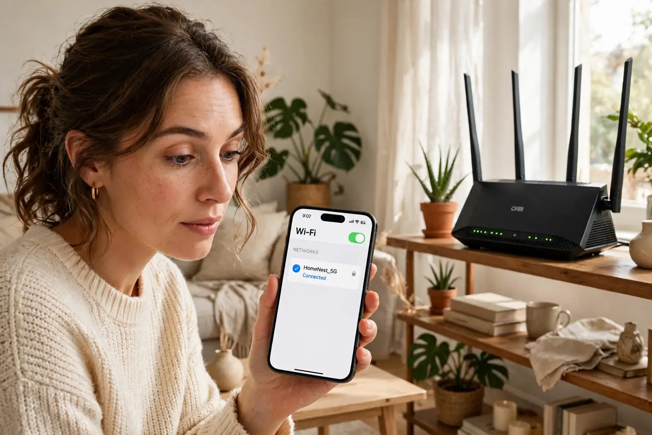 A person in a living room holding a real phone showing a single legible Wi-Fi network name, a real router with antennas on a shelf, the person's face curious,…