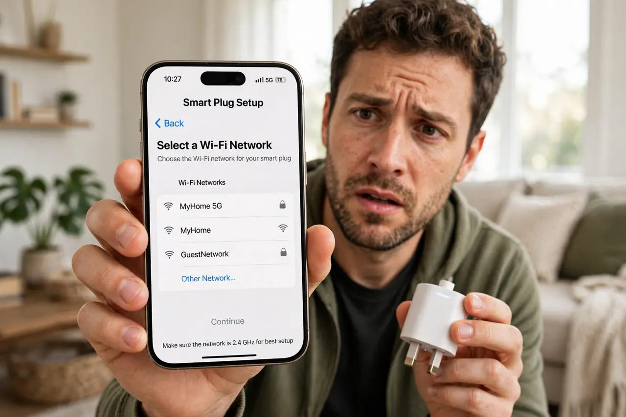 a person holding a real phone showing a smart plug setup screen stuck on Wi-Fi selection, a real smart plug in hand, the person's face puzzled, living room. No black screen, no bla.