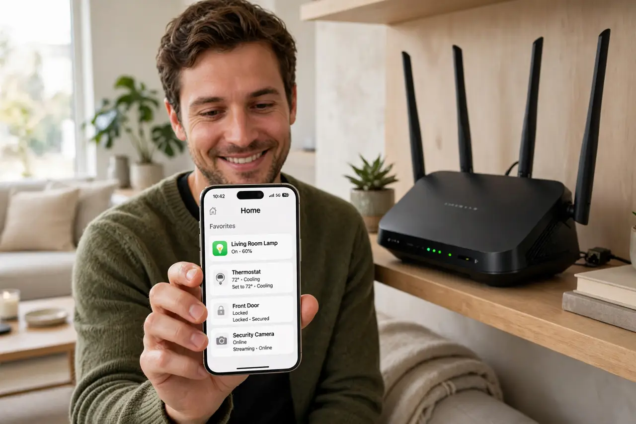 a person holding a real phone showing a smart home app with several devices online, a real router on a shelf nearby, the person's face satisfied, modern living room. No black scree.