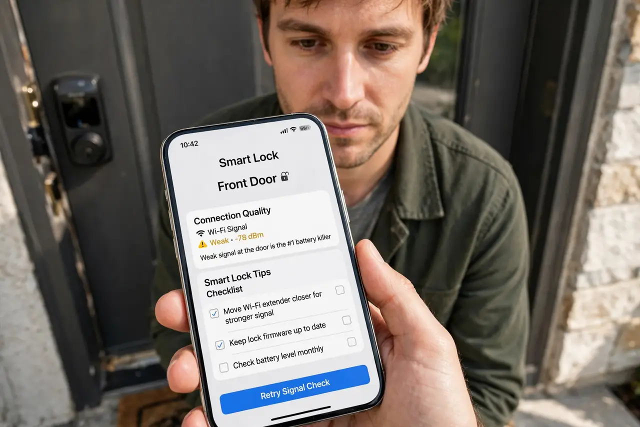 A person performing the first step of the guide: Check the signal at the door.