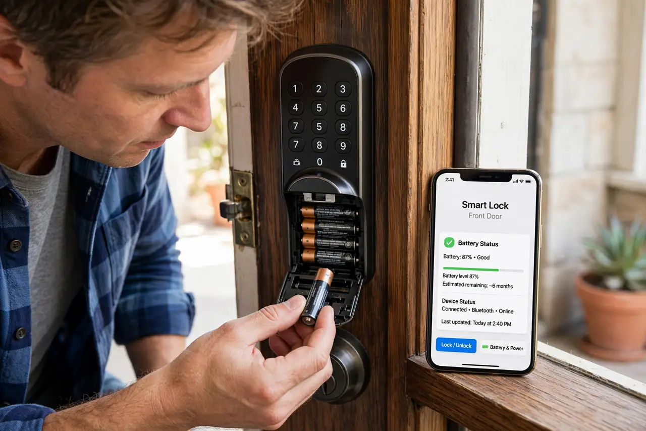 a person installing batteries in a real smart lock on a front door, a smartphone nearby showing the lock app with legible battery status, the person's face focused, daytime entryway.