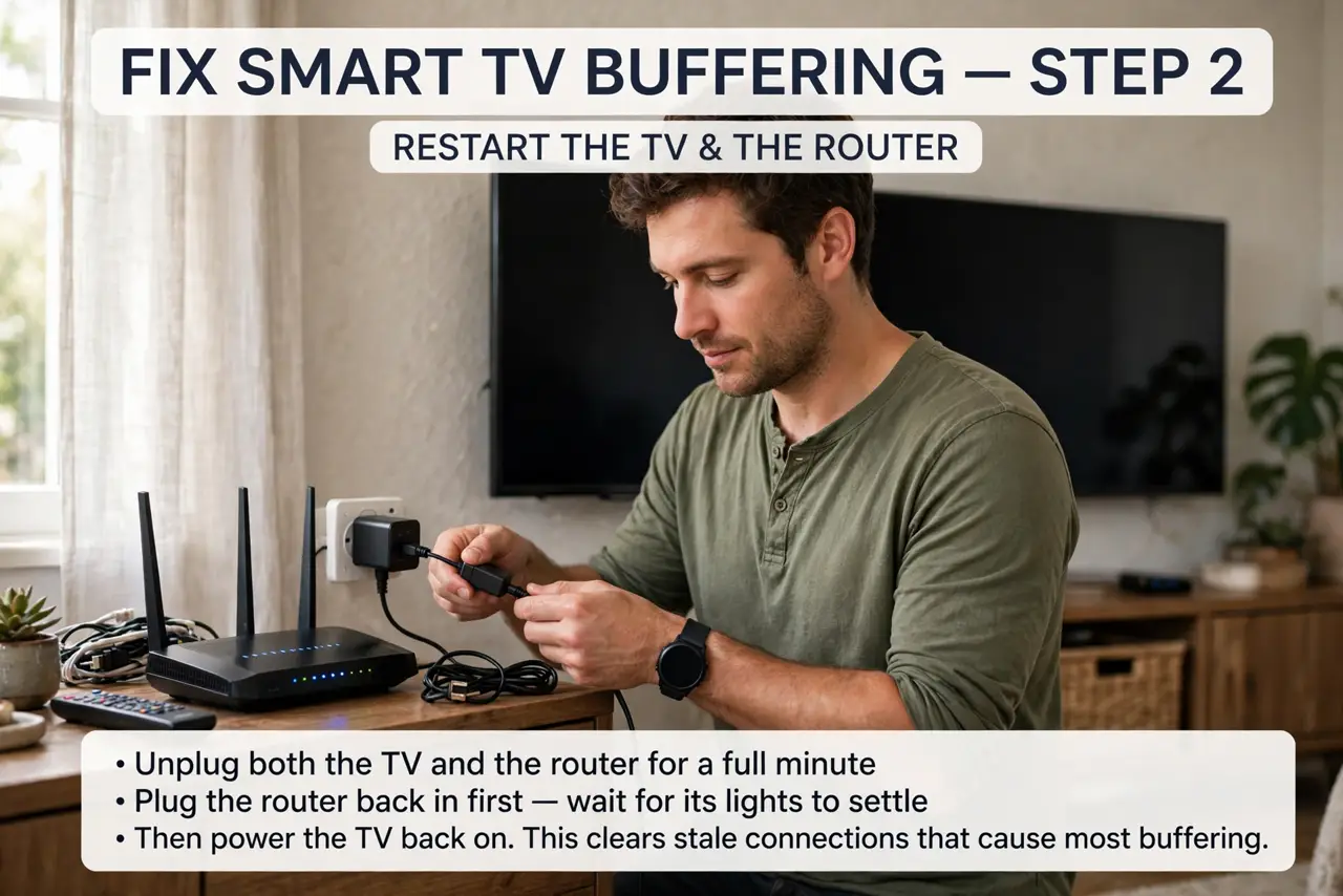 A person performing the first step of the guide: Restart the TV and the router.