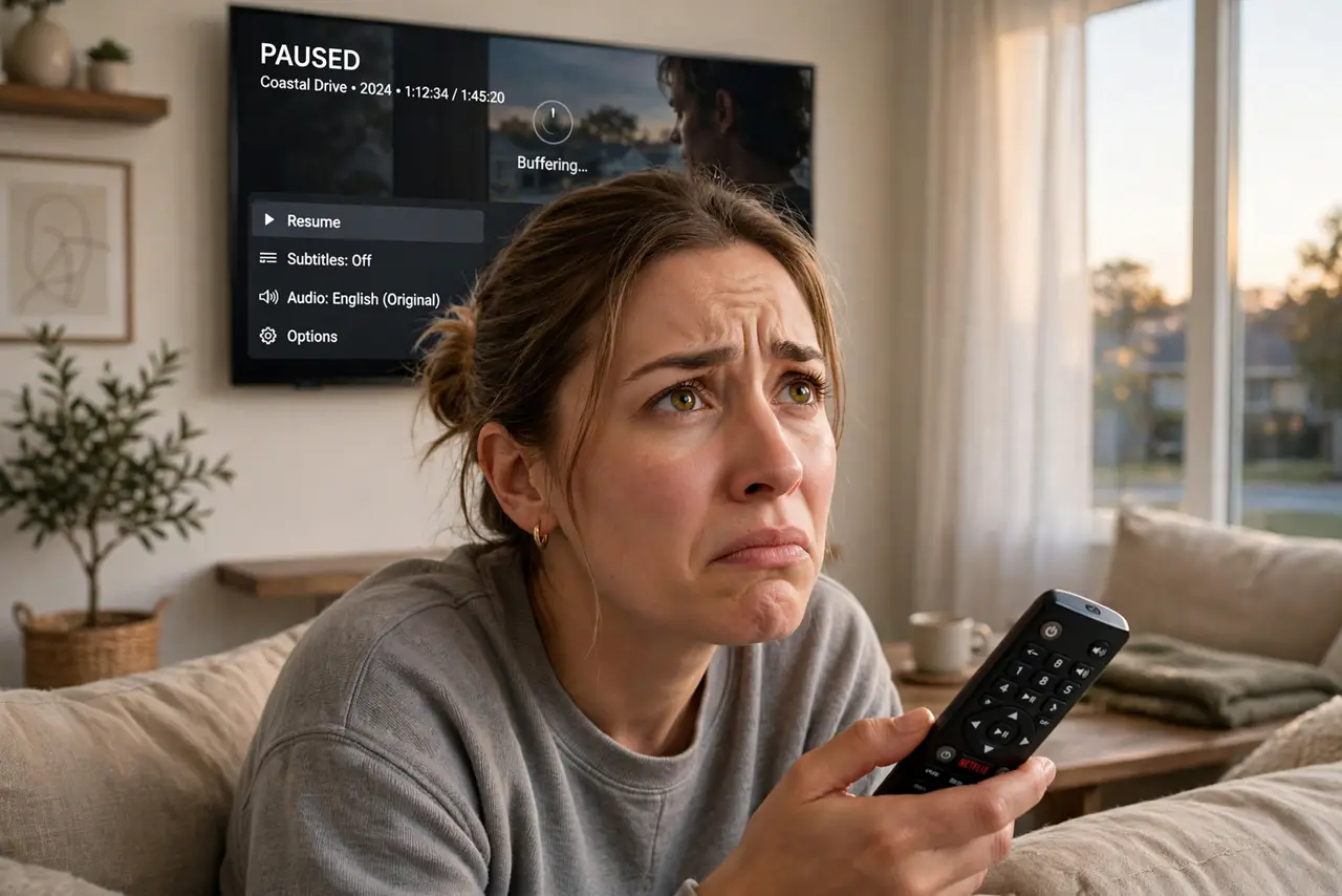 a person on a couch holding a real TV remote, a real smart TV on the wall showing a movie paused with a buffering spinner and legible menu, the person's face frustrated, evening living room.