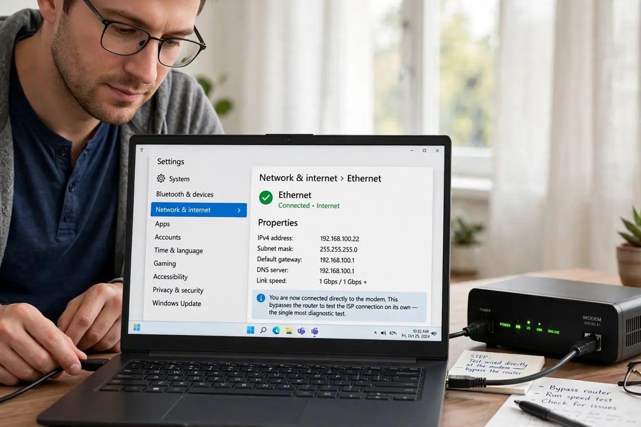 A person performing the first step of the guide: Test wired directly at the modem.