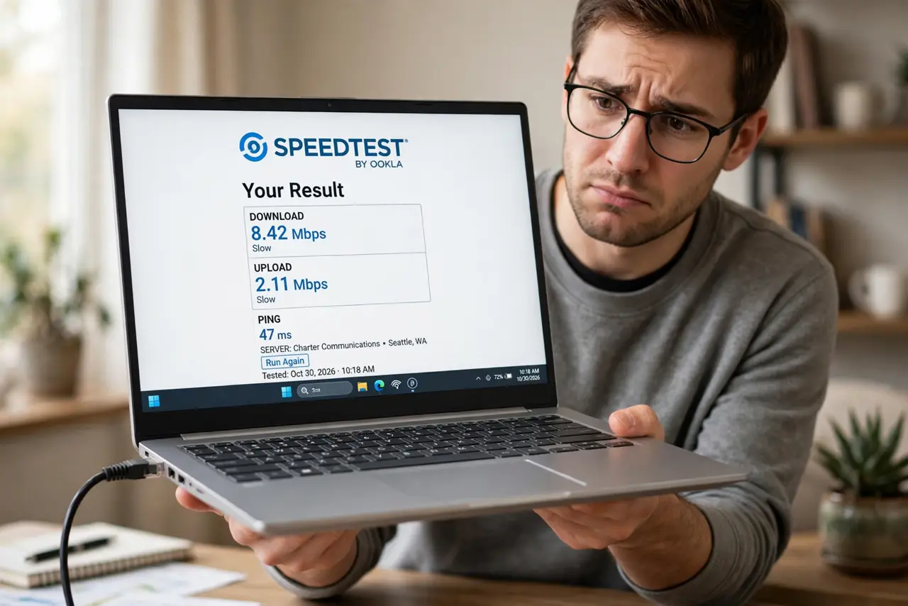 a person holding a real laptop connected by a visible Ethernet cable, a speed test result legible on screen showing slow numbers, the person's face puzzled, home office.