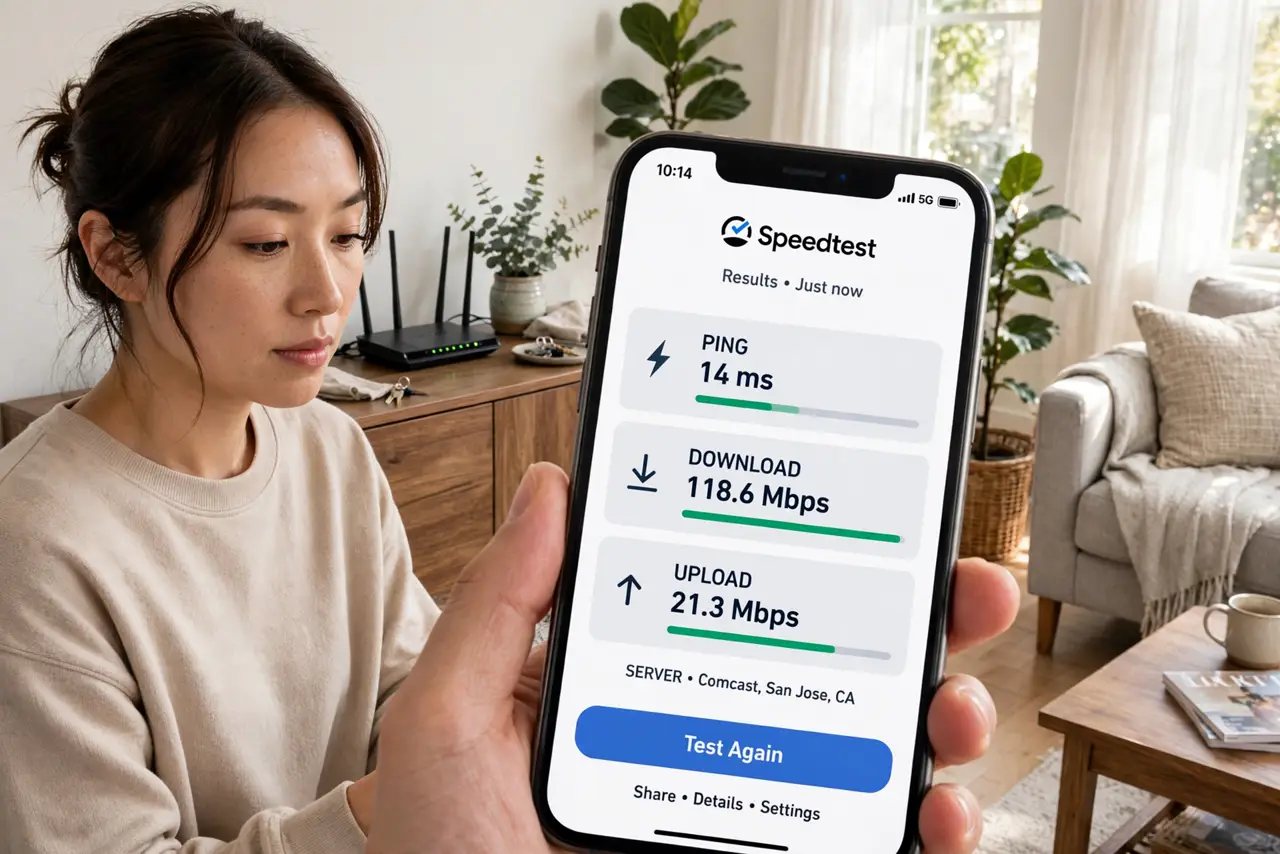 a person holding a real phone showing a speed test result with legible numbers, standing near a real router, the person's face thoughtful, home living room. No black screen, no bla.