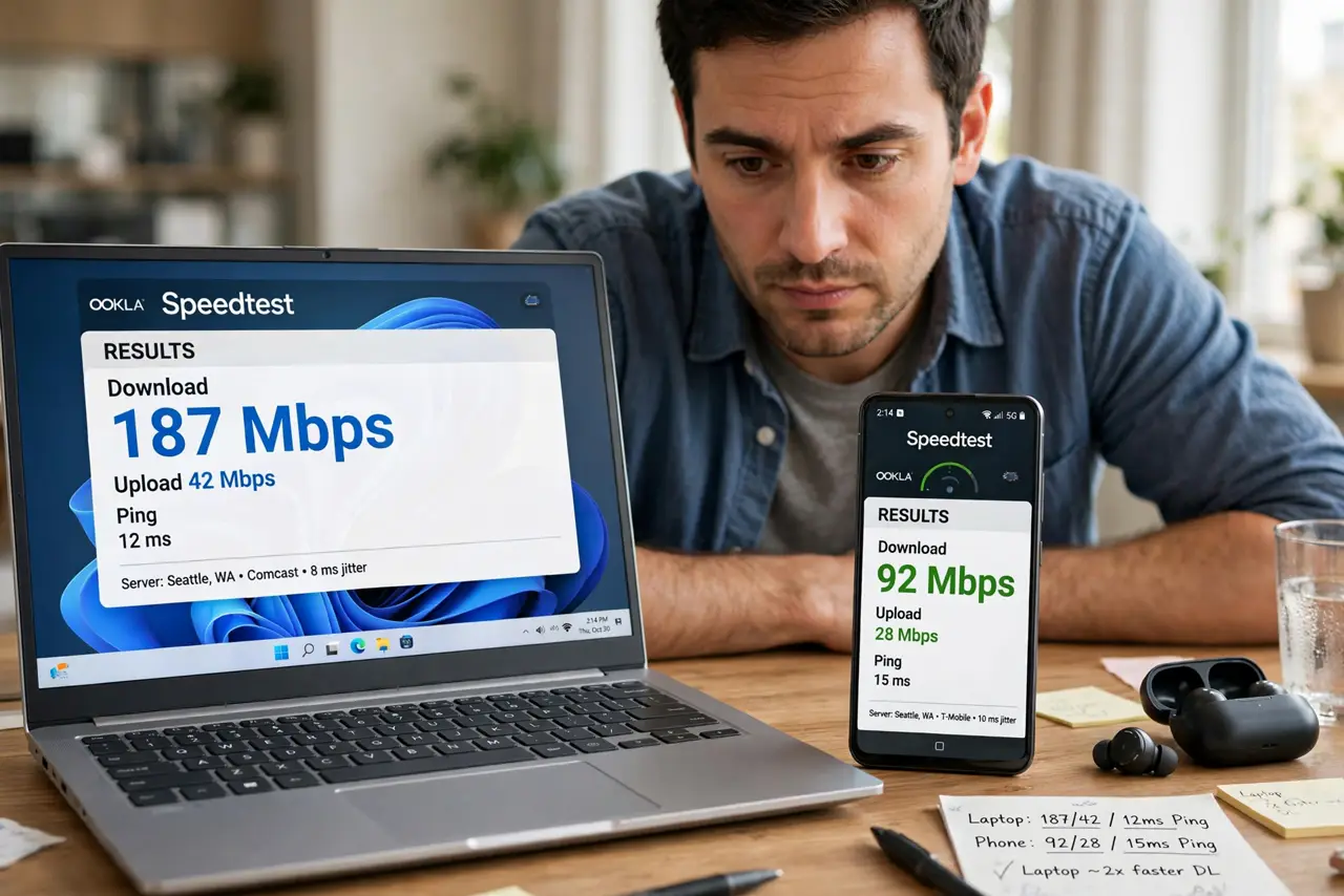 A person comparing speed test results on a real laptop and a real phone side by side on a desk, both screens showing legible numbers, the person's face analytical.