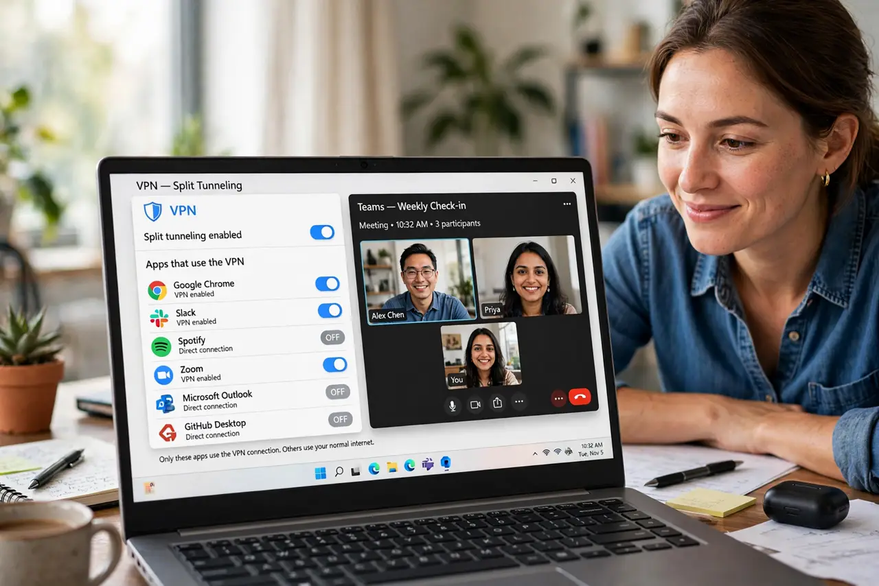 a person at a desk toggling app-by-app VPN routing on a real laptop screen with a legible split tunneling list, the person's face relieved, video call window open beside it.