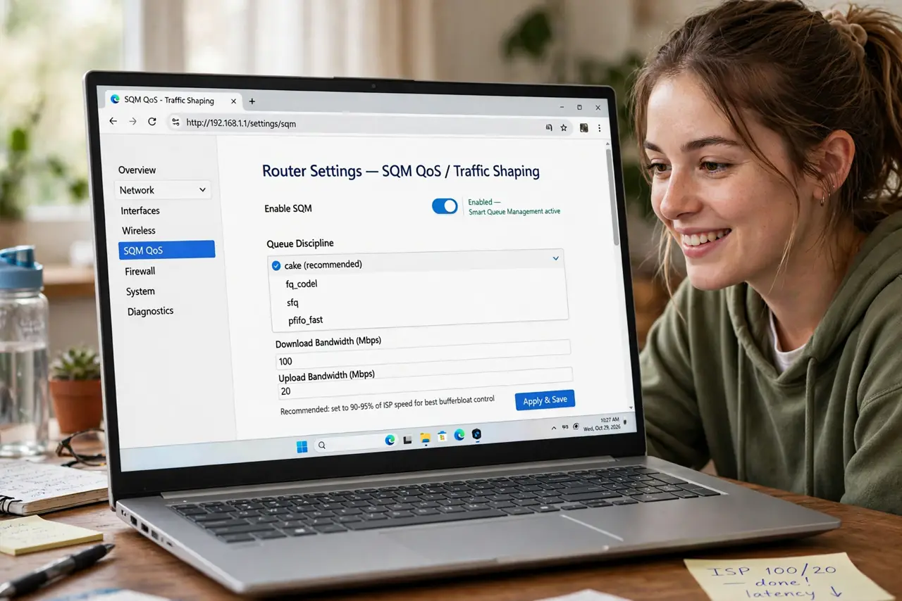 A person enabling SQM (cake/fq_codel) in a real router's advanced settings on a laptop, the queue discipline dropdown fully legible, the person's face hopeful.