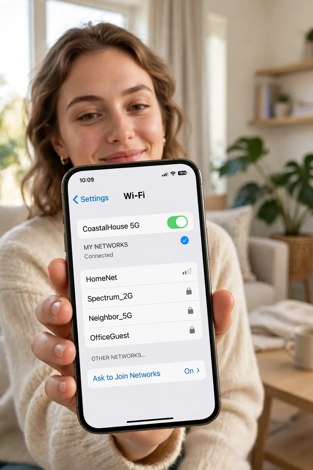 a person holding a real phone showing Wi-Fi settings with a legible custom network name at the top of the list, the person's face amused, living room.