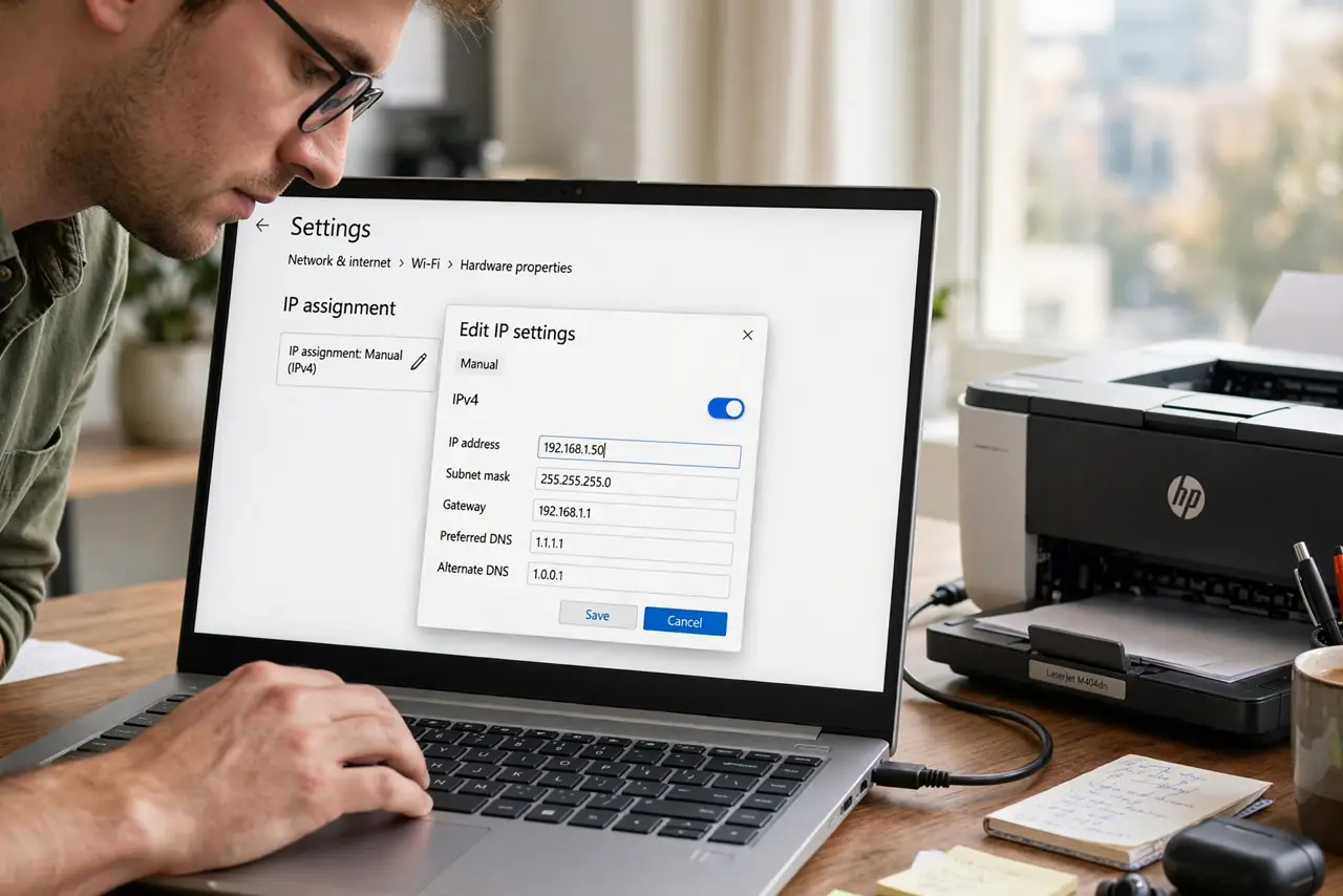 A person entering a static IP address in a real device's network settings on a laptop, the IP fields fully legible, a network printer visible on the desk.