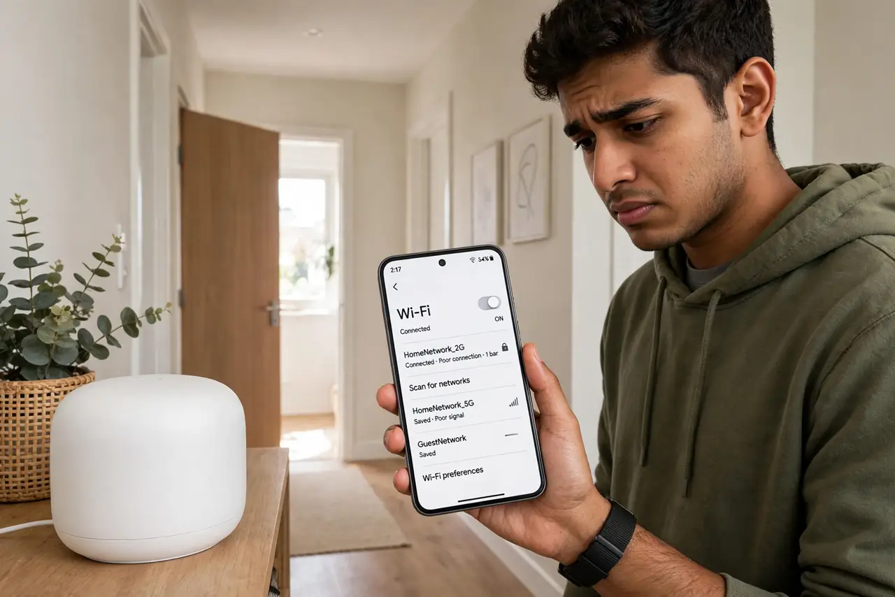 A person standing next to a real mesh node holding a real phone showing one Wi-Fi bar, the phone's Wi-Fi settings fully legible, the person's face puzzled in a hallway.