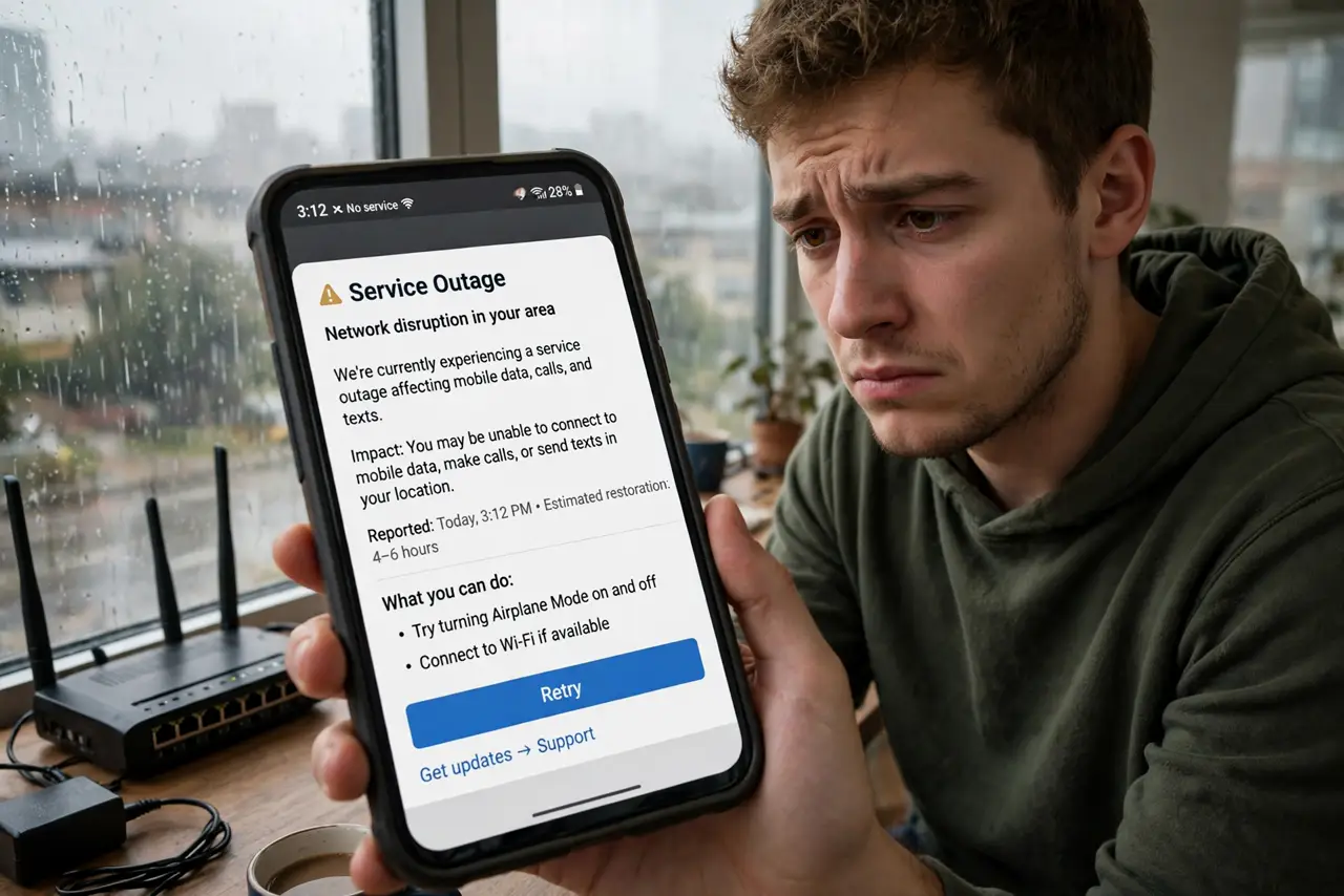 A person at a window during a rainstorm looking at a real phone showing a provider outage page with legible text, a router with dark lights on a table, the person's face worried.