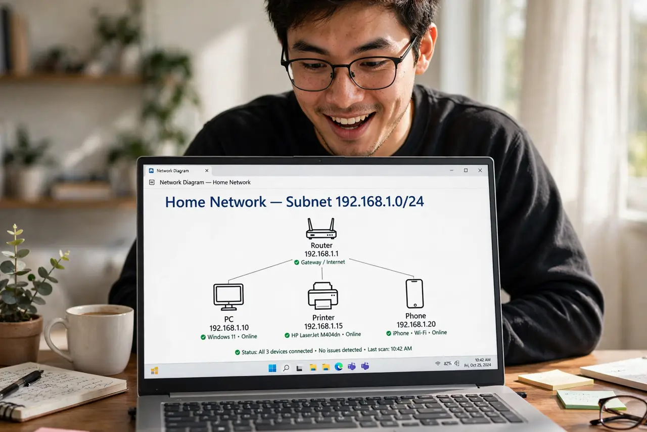A person viewing a simple network diagram on a real laptop showing devices in one subnet, the diagram fully legible, the person's face enlightened in a home office.