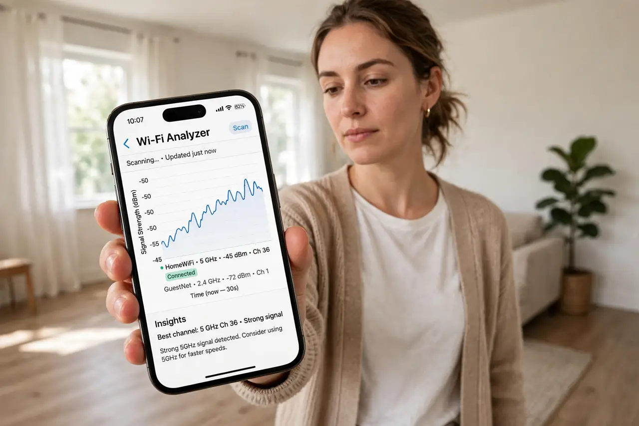 a person walking through a real living room holding a real phone showing a Wi-Fi analyzer app with a legible signal graph, the person's face analytical, home...