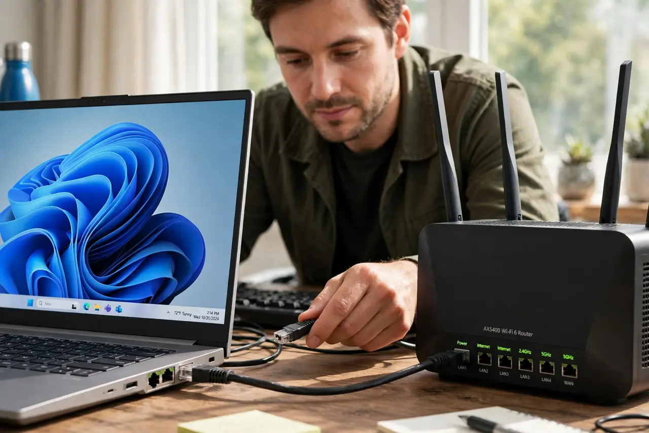 A person performing step 1: Get an Ethernet cable and a laptop.