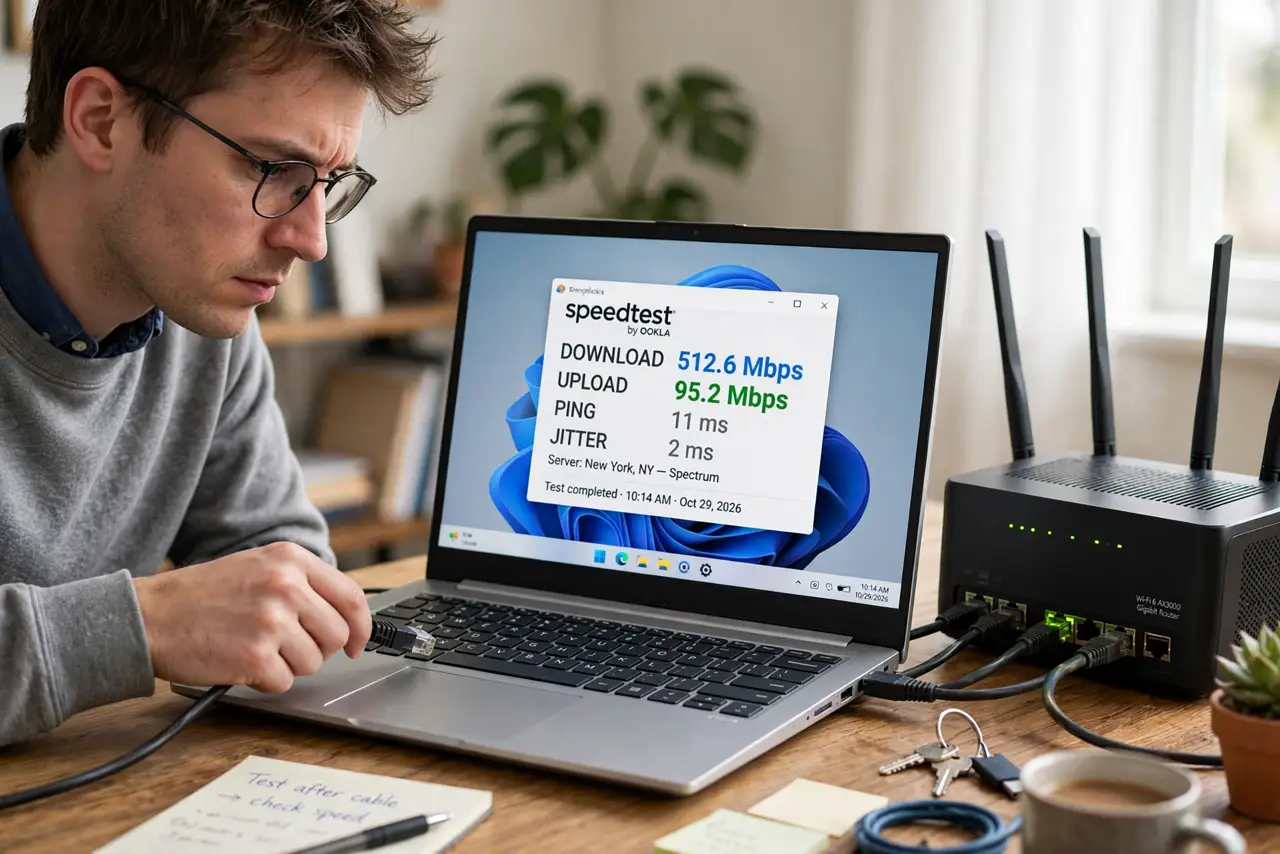 A person plugging an Ethernet cable into a real laptop next to a real router, the laptop showing a speed test result fully legible, the person's face analytical in a home office.