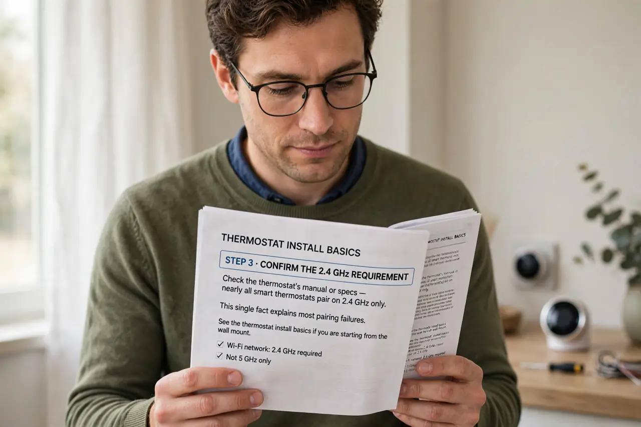 A person performing the first step of the guide: Confirm the 2.4 GHz requirement.