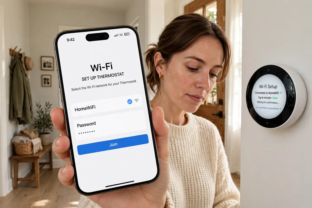 a person holding a real smartphone next to a real smart thermostat on a wall, the thermostat screen showing Wi-Fi setup with legible text, the person's face focused, home hallway.