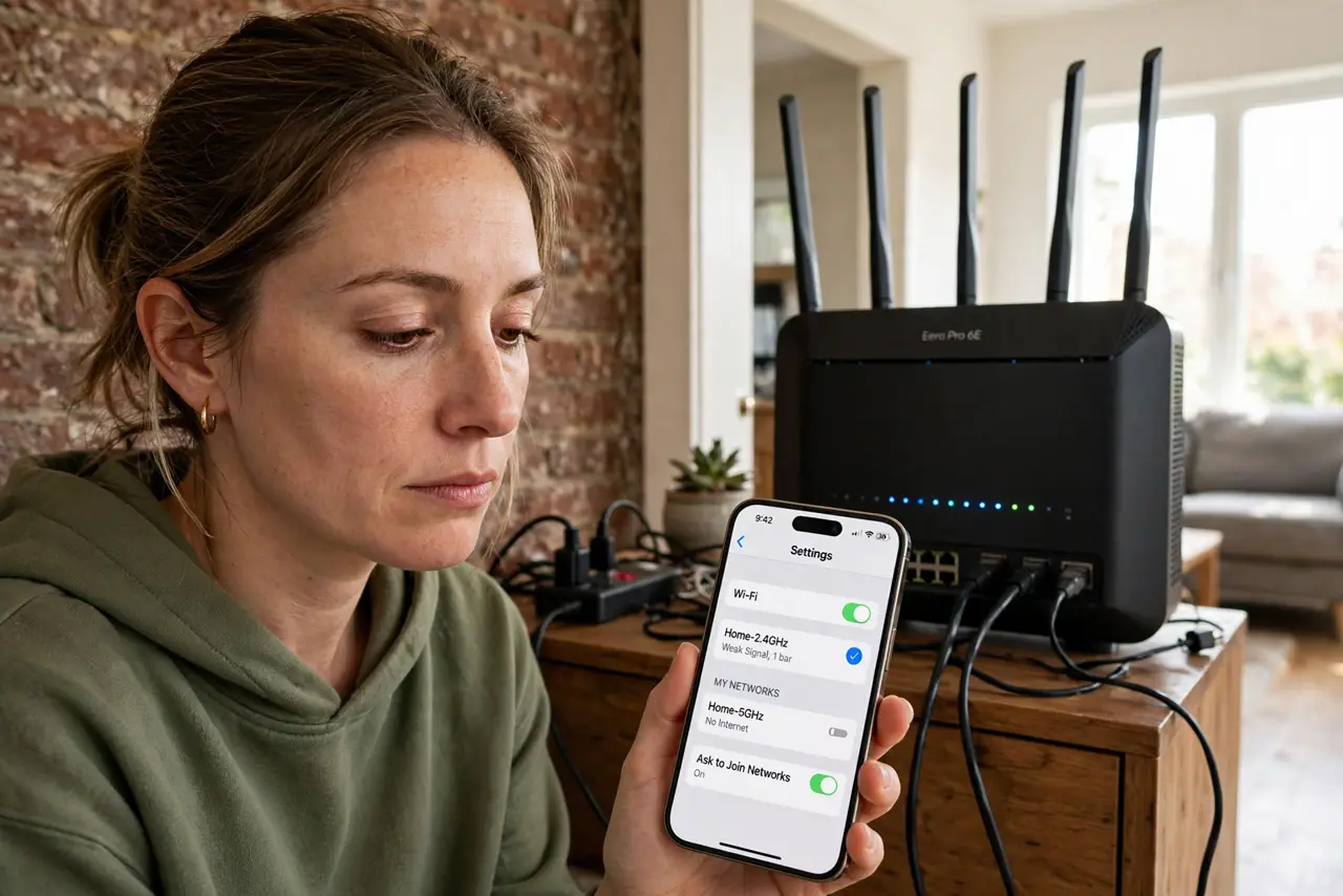 a person holding a real phone showing one Wi-Fi bar in a room with an exposed brick wall, a real router visible through a doorway, the person's face resigned, home interior. No bla.