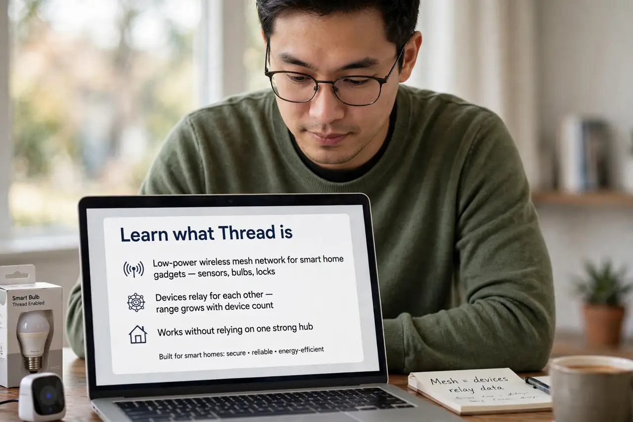 A person performing the first step of the guide: Learn what Thread is.