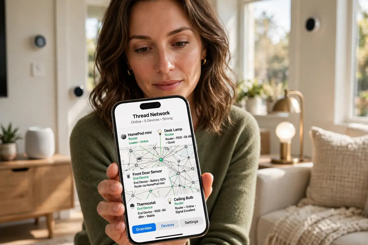 a person in a smart home living room with several small smart devices visible — bulbs, sensors, a speaker — a real smartphone showing a Thread network map with legible labels, the person's face curious, daytime.