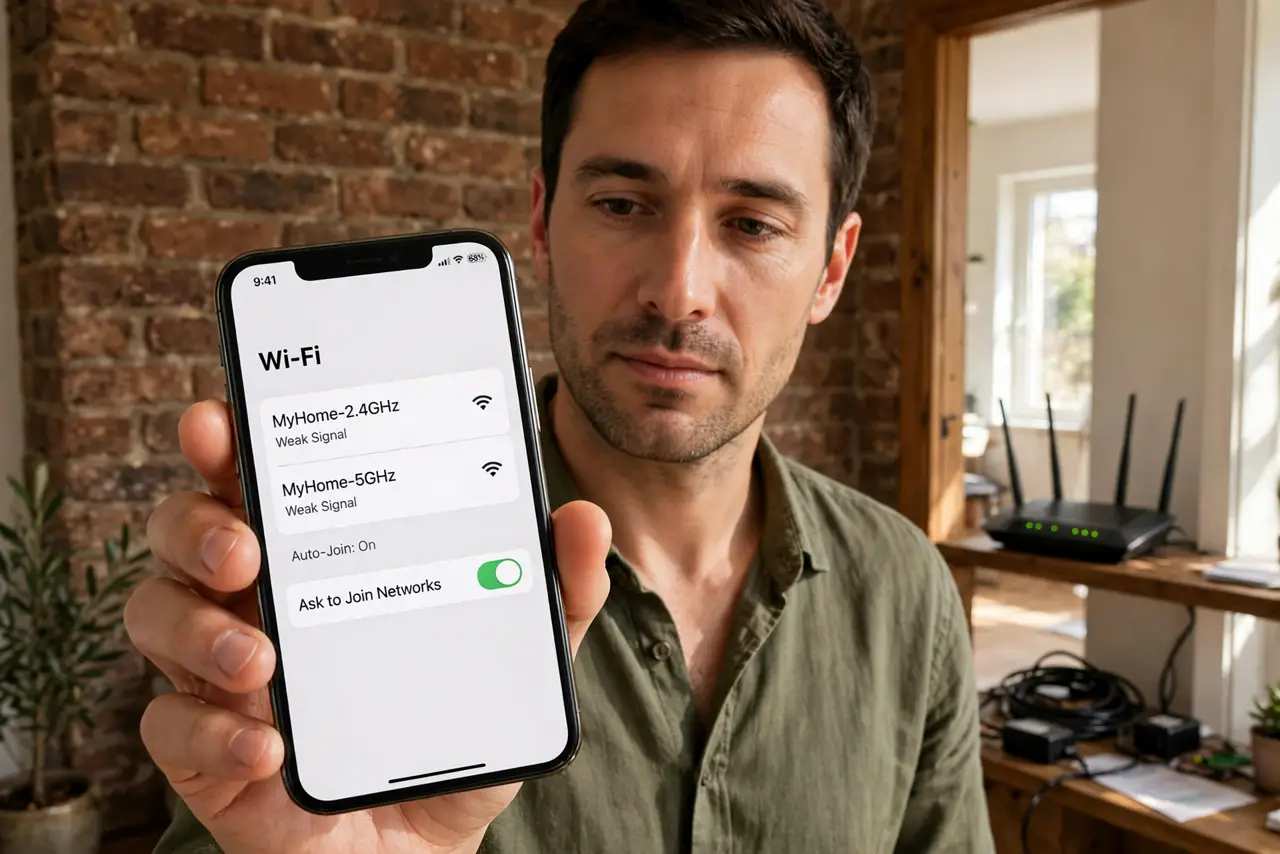 Wi-Fi Through Thick Walls — a calm adult holding a real phone showing weak Wi-Fi bars while standing in a room with a real thick brick wal