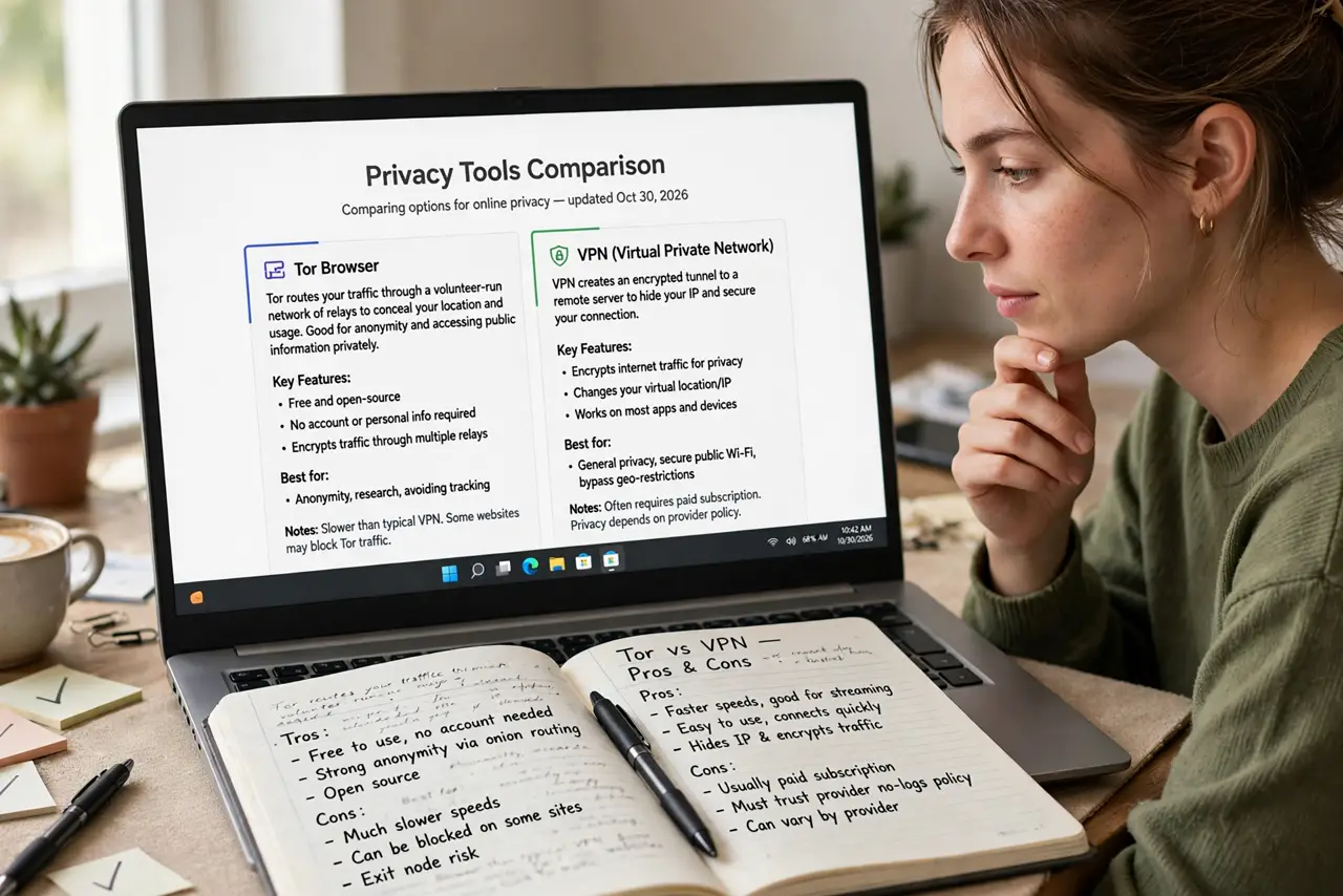 a person comparing Tor and VPN options on a real laptop screen showing two legible privacy tool descriptions, the person's face thoughtful, notebook with pros and cons.