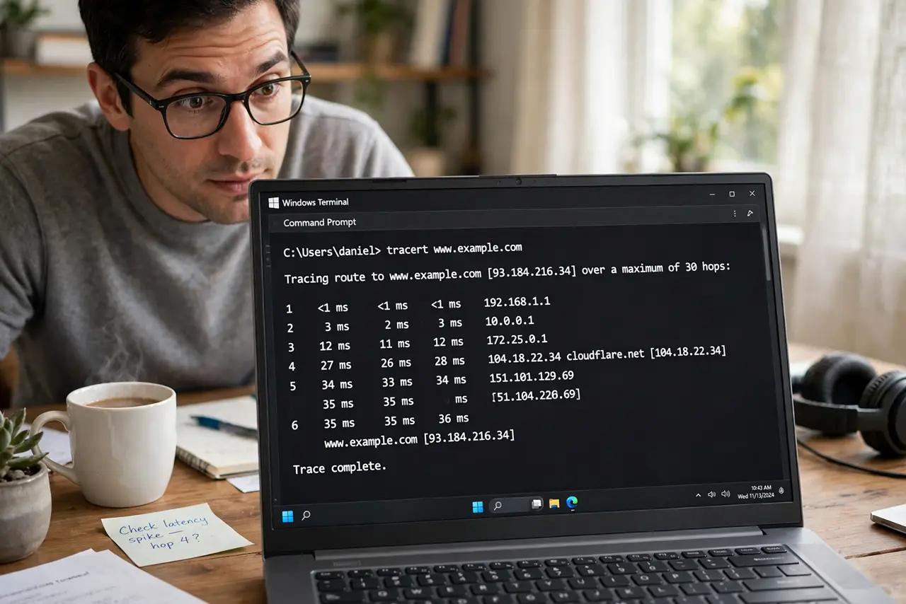 A person at a desk with a real laptop showing a traceroute output with hop numbers and latencies fully legible in a terminal, the person's face intrigued, home office.