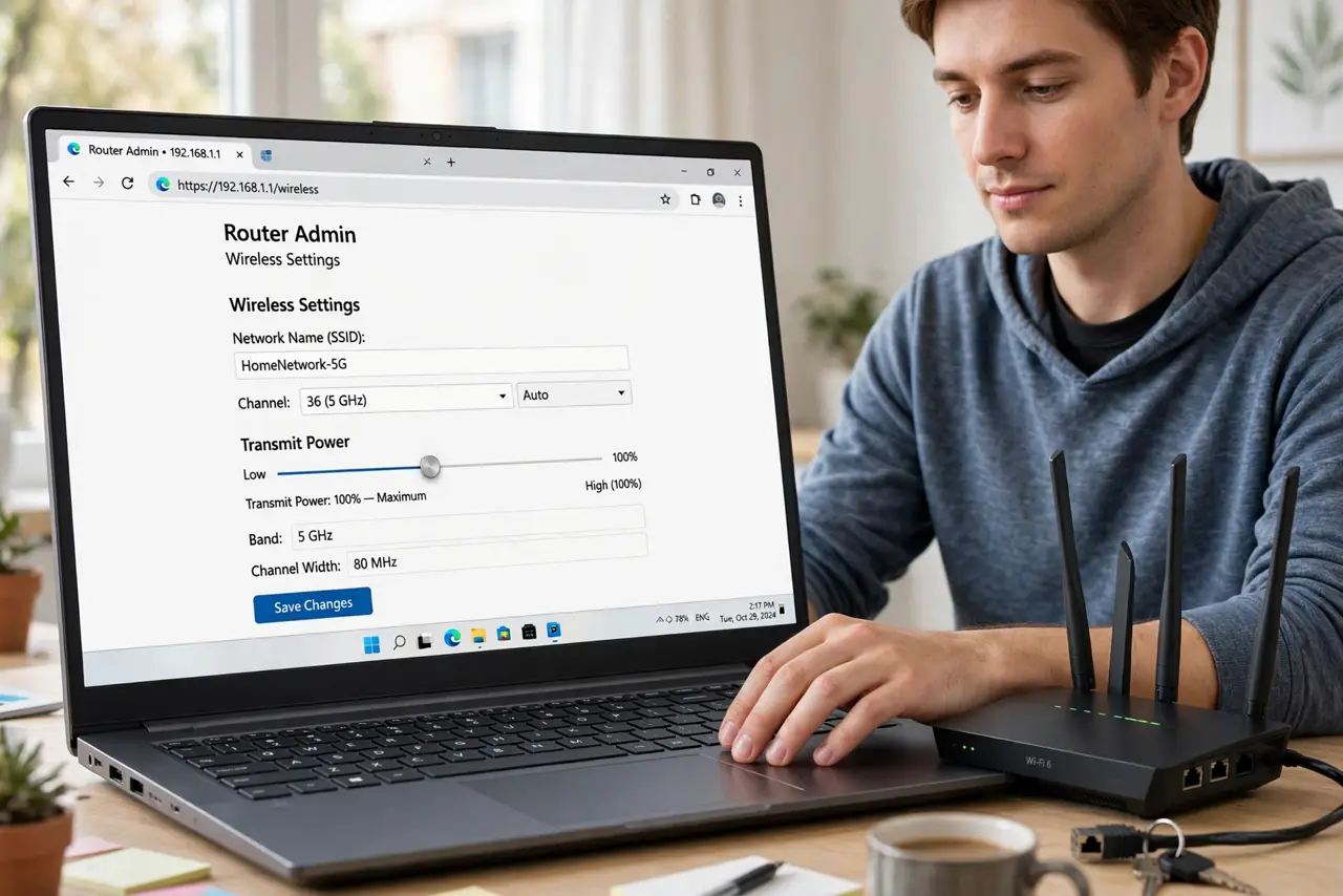 A person adjusting a real router's admin page on a laptop showing the transmit power slider fully legible, a real router with antennas on the desk, the person's face calm.