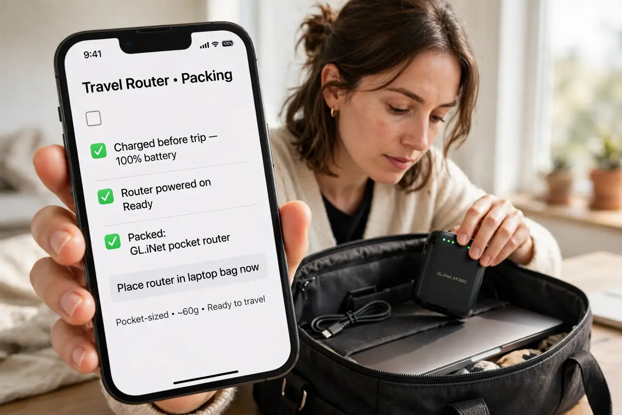 A person performing the first step of the guide: Pack a pocket-sized router.