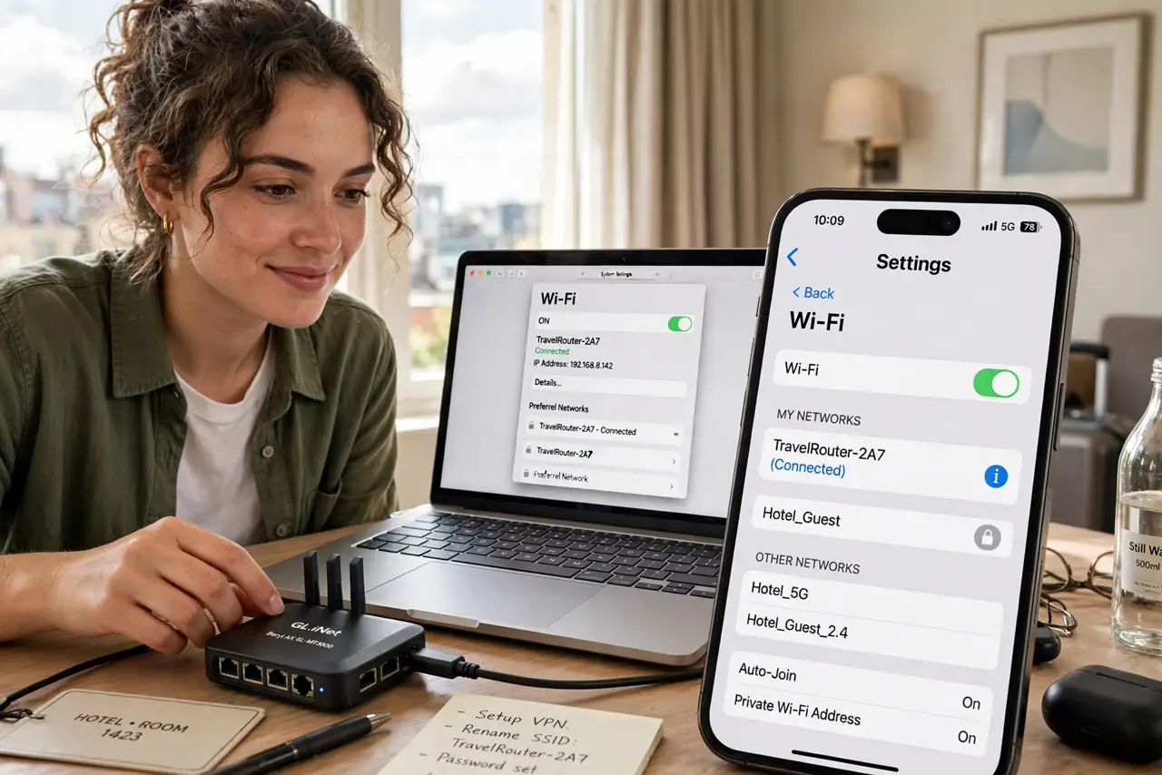 a person setting up a small real travel router on a hotel desk, laptop and phone connected with legible Wi-Fi settings, the person's face satisfied, hotel room.