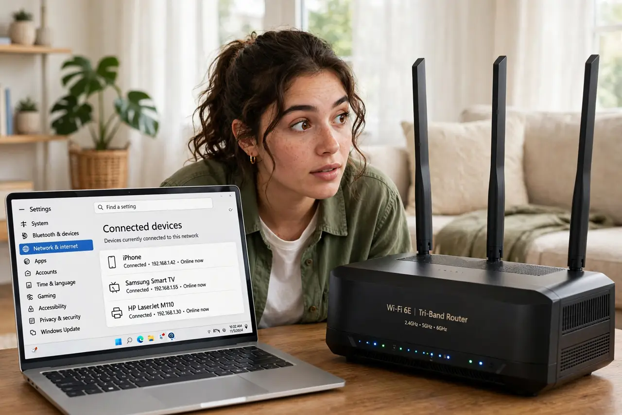 A person looking at a real tri-band router with three antennas beside a real laptop showing connected devices list legible, the person's face curious, living…