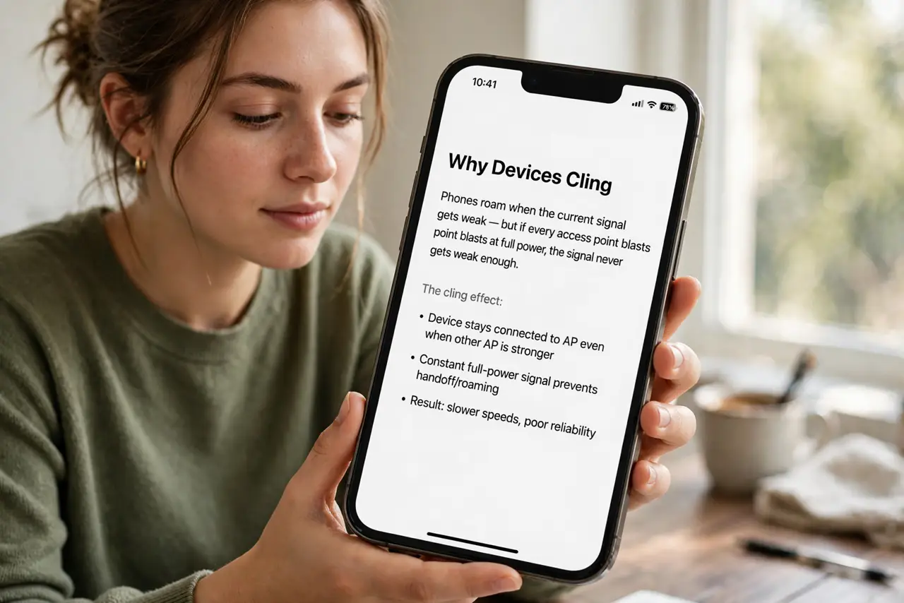 A person performing the guide's first step: Understand why devices cling. Phones roam when the current signal gets weak enough — but if every access point blasts at full power, the…