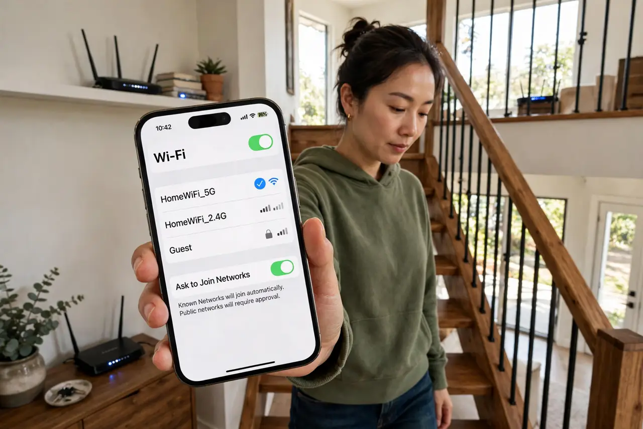 A person walking through a two-story home holding a real phone showing a legible Wi-Fi signal screen, two routers visible on different floors, the person's face understanding, daylight..