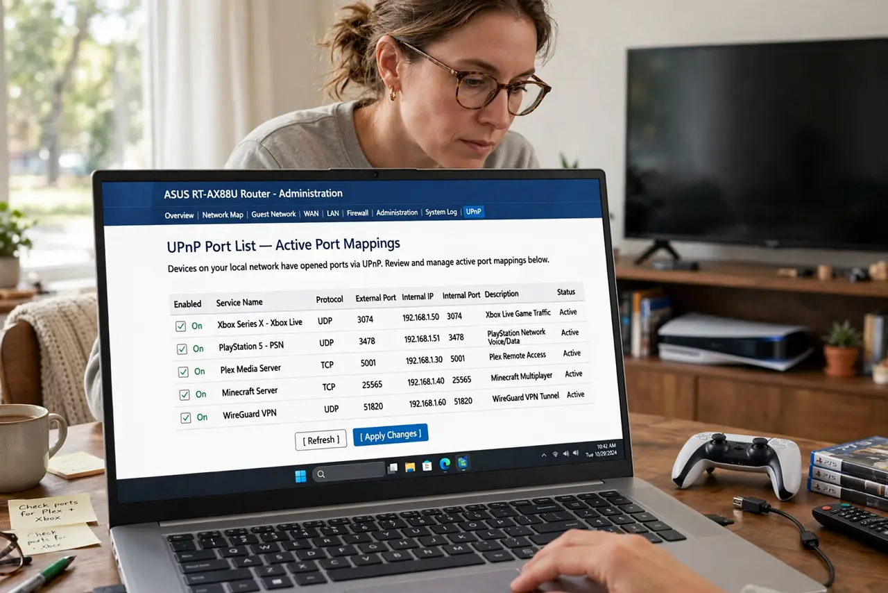 A person reviewing the UPnP port list in a real router's admin page on a laptop, the list of open ports fully legible, a game console visible under the TV nearby.