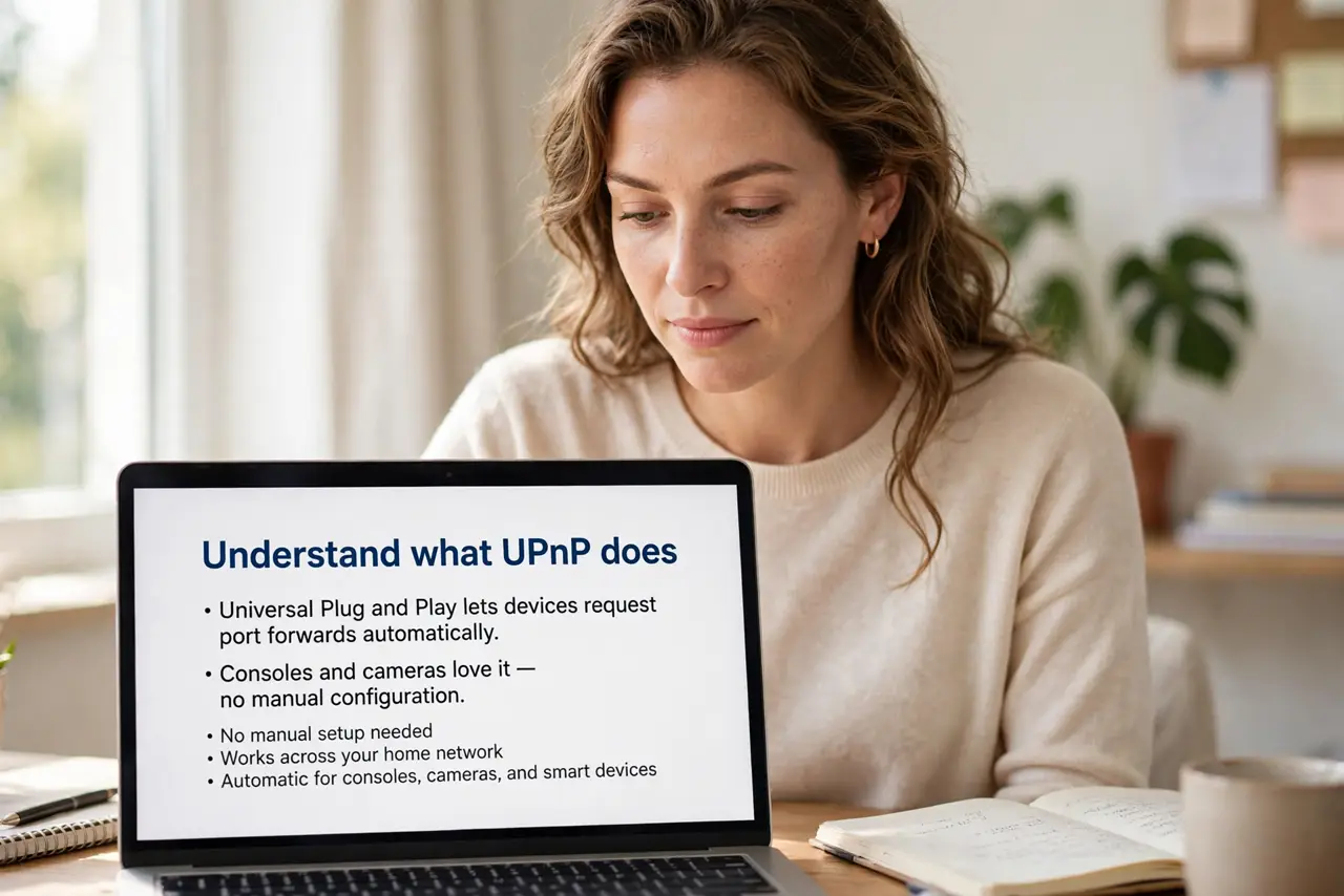 A person performing the first step of the guide: Understand what UPnP does.