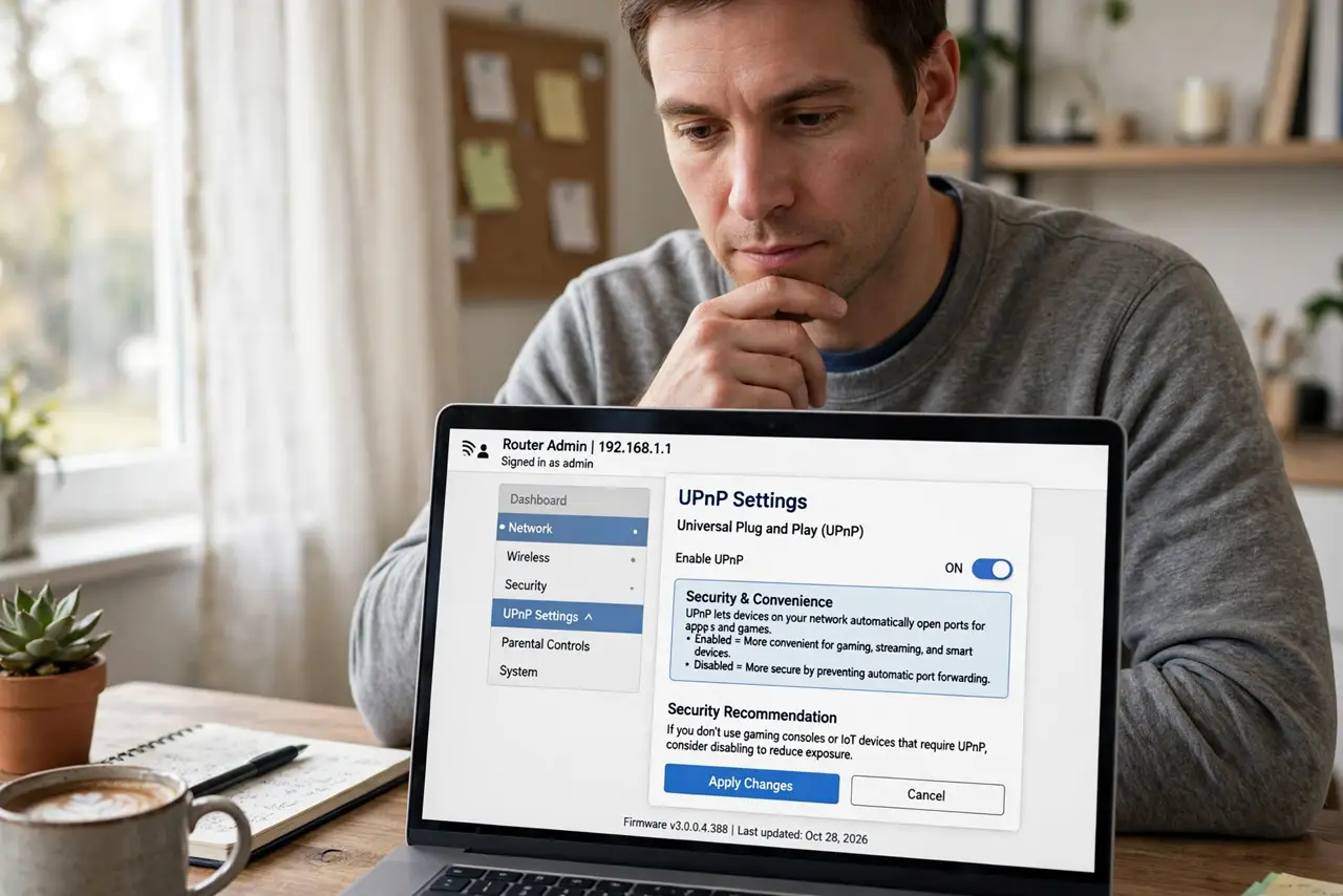 a person reviewing UPnP settings on a real router admin page with the toggle legible, the person's face weighing convenience versus security, home office.