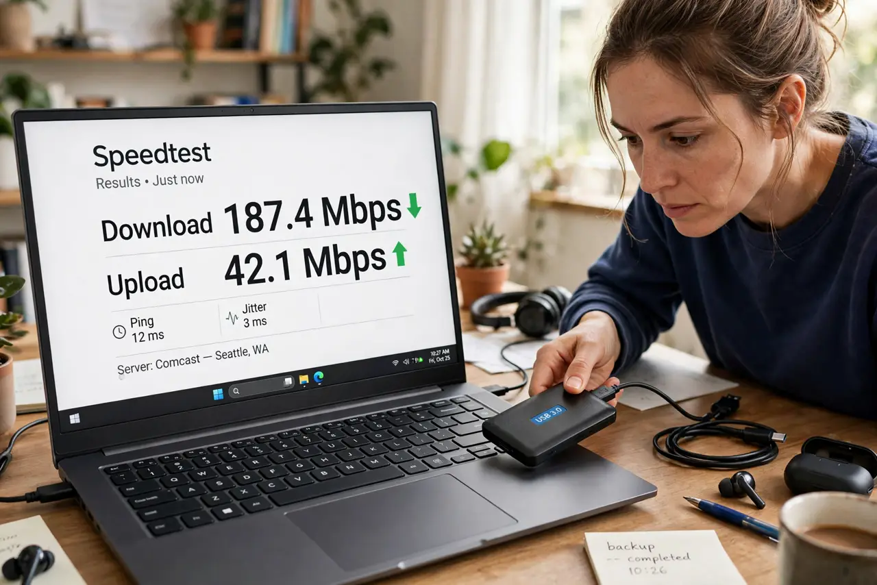 A person moving a USB 3 external drive away from a real laptop showing a Wi-Fi speed test with legible numbers, cables on a desk, the person's face intent, home office.