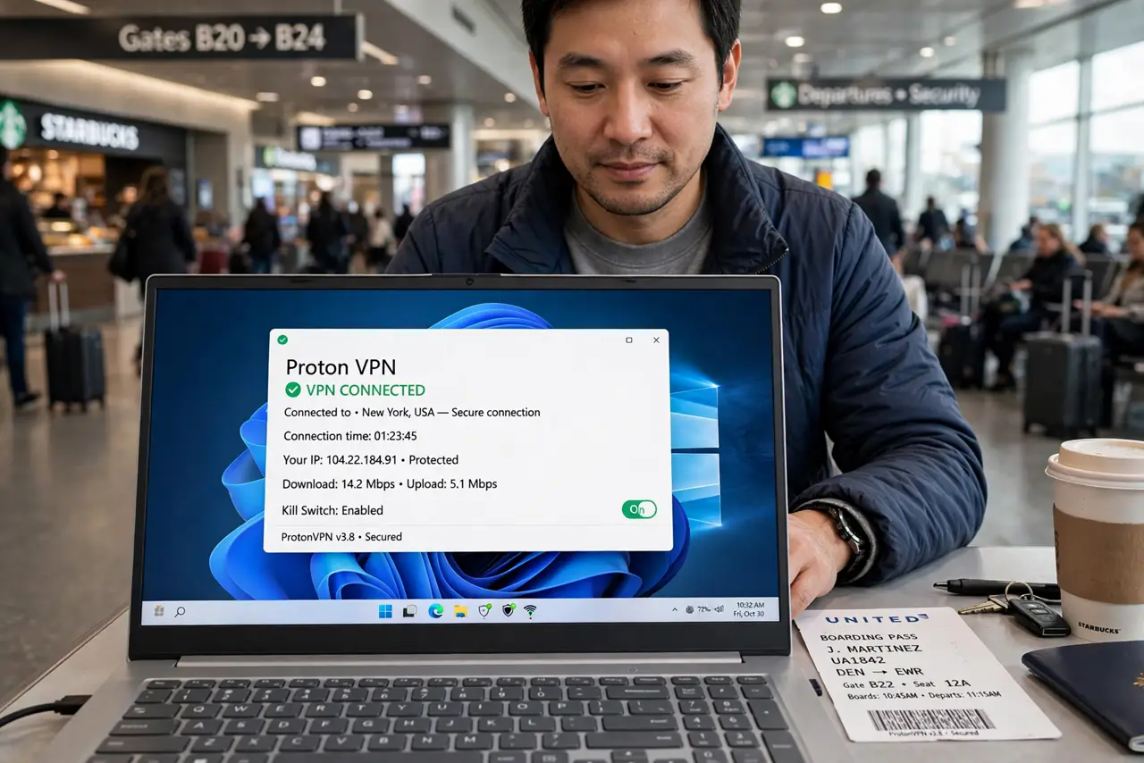 a person in an airport terminal working on a real laptop showing a VPN connected status with legible text, boarding pass nearby, the person's face relaxed, busy terminal behind.